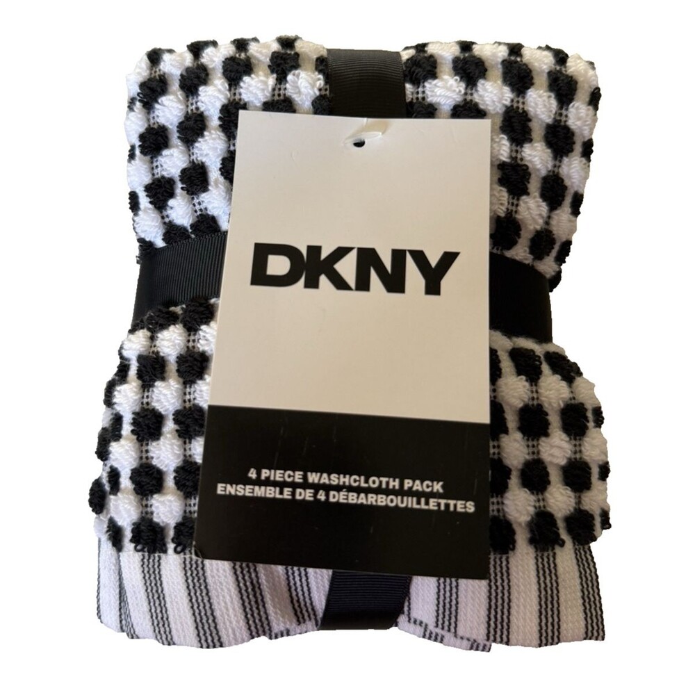 DKNY Facecloths Washcloths Set of 4 Black White Dots Check 100% Cotton Soft